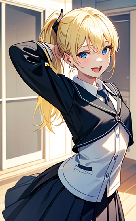 (realistic:1.4、masterpiece、top-quality、8k size wallpaper、offcial art)、(character focus、portrait,cowboy shot:1.6)、(1girl),(seductive smile,Open mouth:1.3),(half closed eyes),cute face,blue eyes、(arms behind heads:1.5)、
,(stand),(Shining smile),
,(slender),(school uniform),(ponytail、long fluorescence blonde hair1.3), (small breasts)、
、fluorescence、classroom,JK、
