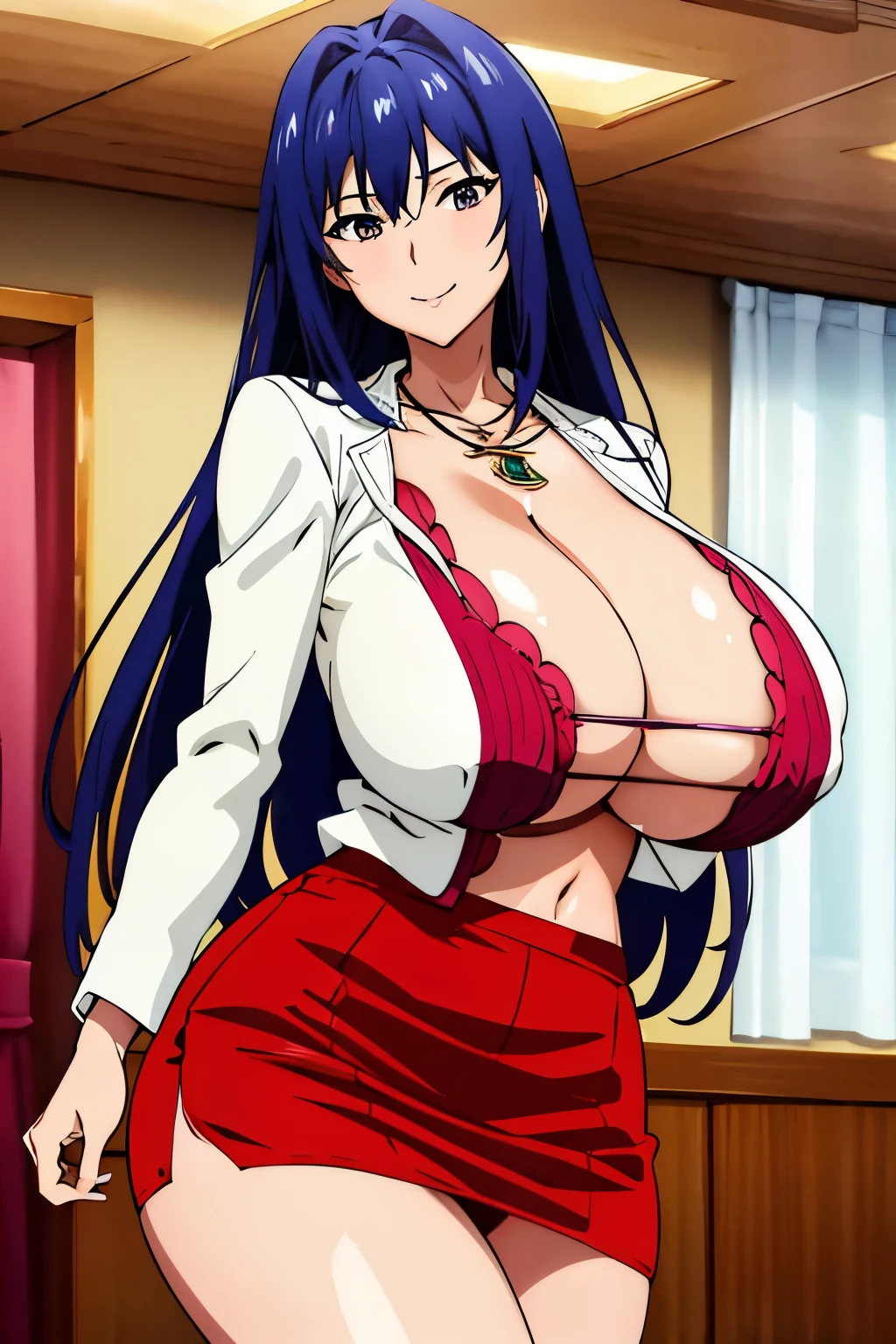masterpiece, highest quality, Jaki V4, 1 girl, alone, long hair, looking at the viewer, smile, slight smile, skirt, cleavage, jewelry, indoors, miniskirt, necklace, white clothes, sexy pose,(gigantic chest:1.2),open your mouth,lure