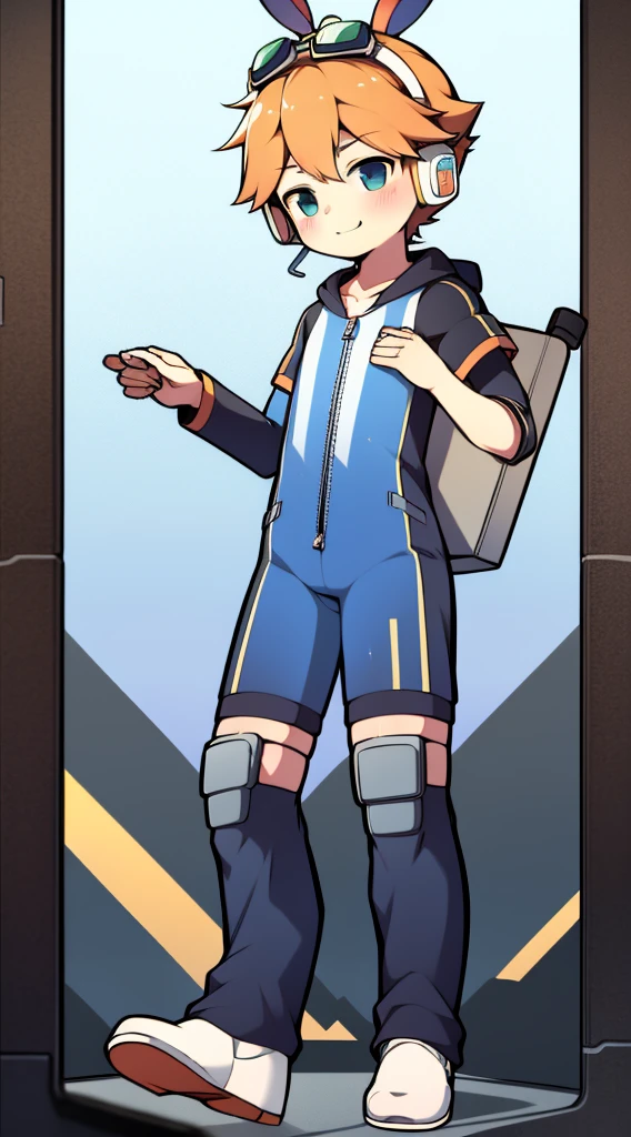 2D Boy Shota,One-piece mountaineering suit,Slim, healthy body,Put the headphones on your head,stand up,goggles,Rabbit ears,happy,Sailor collar,tie,zipper,short sleeves,Lovely