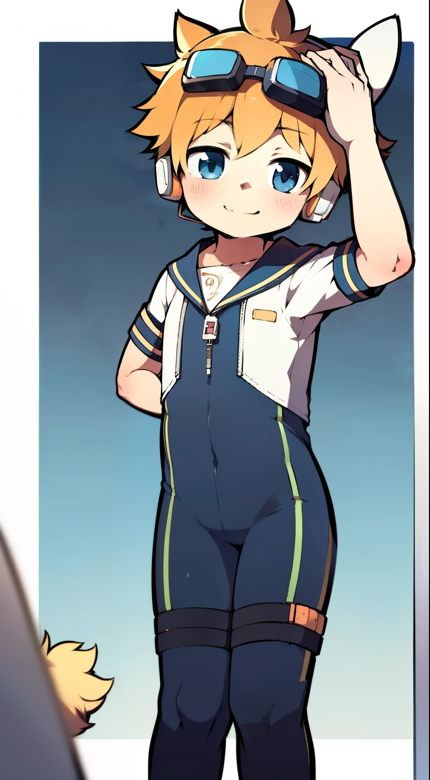 2D Boy Shota,One-piece mountaineering suit,Slim, healthy body,Put the headphones on your head,stand up,goggles,Rabbit ears,happy,Sailor collar,tie,zipper,short sleeves,Lovely
