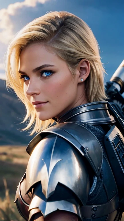 belligerent girl, Valkyrie, bold and beautiful, Short blond hair, Blue eyes, smile, Predator's Gaze, Developing hair, A look over the shoulder, Sparkling steel, Bow and arrows, weapon, heat of battle, battle, Clouds, realistic photo, high quality, masterpiece, detailed study.