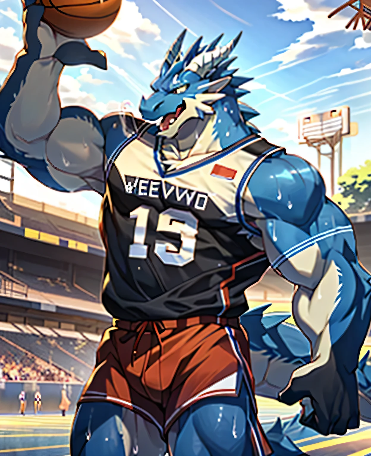 Publaz, (dragon), Golden fur, Two-color, golden eyes, (muscular body:1.3), perfect eyes, Handsome, OK,(white basketball jersey), (on the playground),(Express), sports field background,(close up),(happy eyes:1.2),look at screen,(dragon horn),(Dragon tail),different students,A perfect masterpiece,(16K),white belly,alone,((Strong)),(sports field background),(Sweat),(dick:1.2),Perfect proportion,front,blush,(Wave hello,Watching you:1.5),(Basketball in hand:1.3),(Open your mouth slightly and breathe.:1.2),(close range:1.2),(clothes soaked with Sweat:1,3),Strong,muscle,more details,CG,