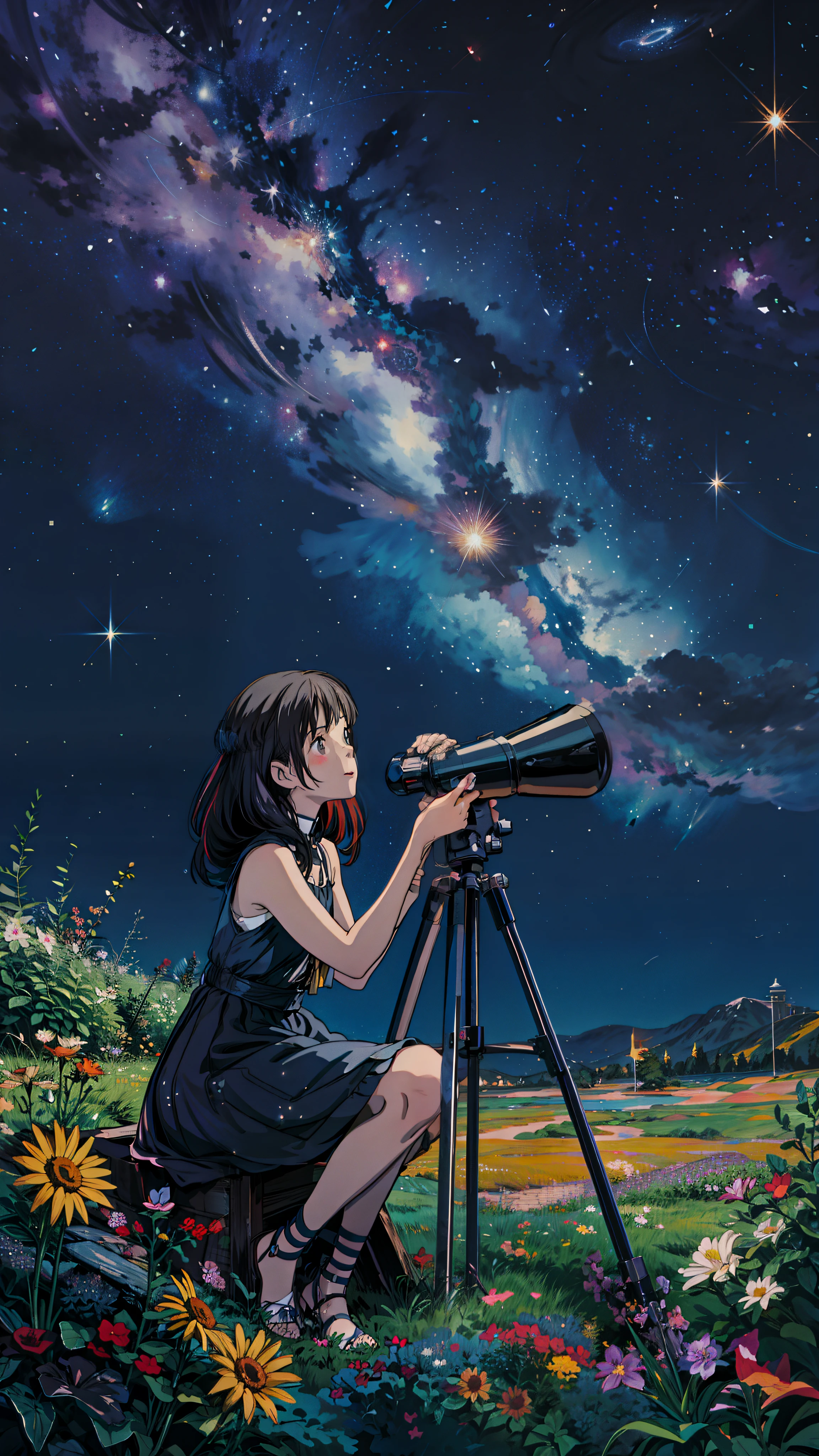 painting of a girl sitting with a telescope under a starr filled sky, cosmic starry sky, colorful, multicolored flowers, starry sky!!, starry sky, many stars in sky, night sky full of stars, dark starry sky, night time with starry sky, black sky full of stars, sky full of stars, the sky is a starry sky, galaxy in the night sky, starry night sky, black sky with stars