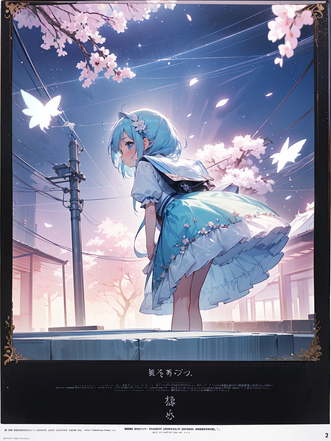 Masterpiece, best quality, extremely detailed, (illustration, official art: 1.1), 1 girl, ((light blue hair))), long hair, 10 years old, ((blush)), cute face, big eyes, masterpiece, best quality, ((a very delicate and beautiful girl)))), amazing, beautiful detailed eyes, blunt bangs (((little delicate girl)))), tareme (true beautiful: 1.2),small breasts, anime movie, cherry blossom in full bloom, solo, small girl, (beautiful transparency, beautiful aesthetic:1.3), ((a lot of small light particles:1.3)), (filled with light:1.2),,old style boots,, (detailed background:1.3), hold the umbrella tightly:1.4, (((skirt lift)))、(from behind, bent over,looking back),