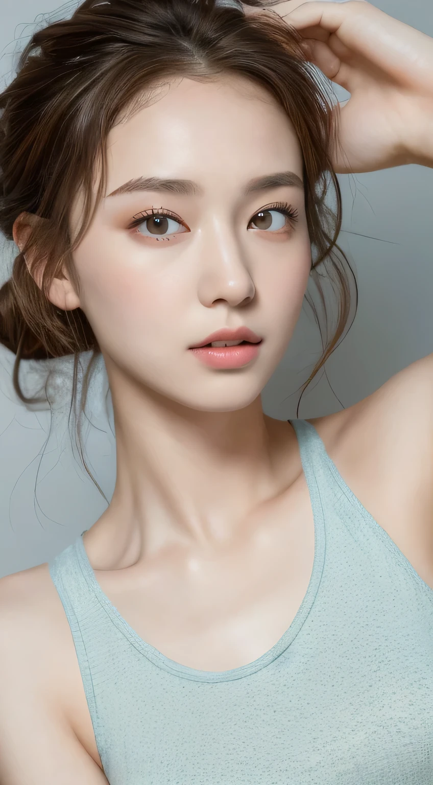 ((highest quality, 8k, masterpiece :1.3)), 1 girl, Cute woman highlighting her slim abs :1.3, (Random Hairstyles :1.2), Oversized tank top :1.2, Highly detailed face, Beautiful Eyes, double eyelid, Underarm