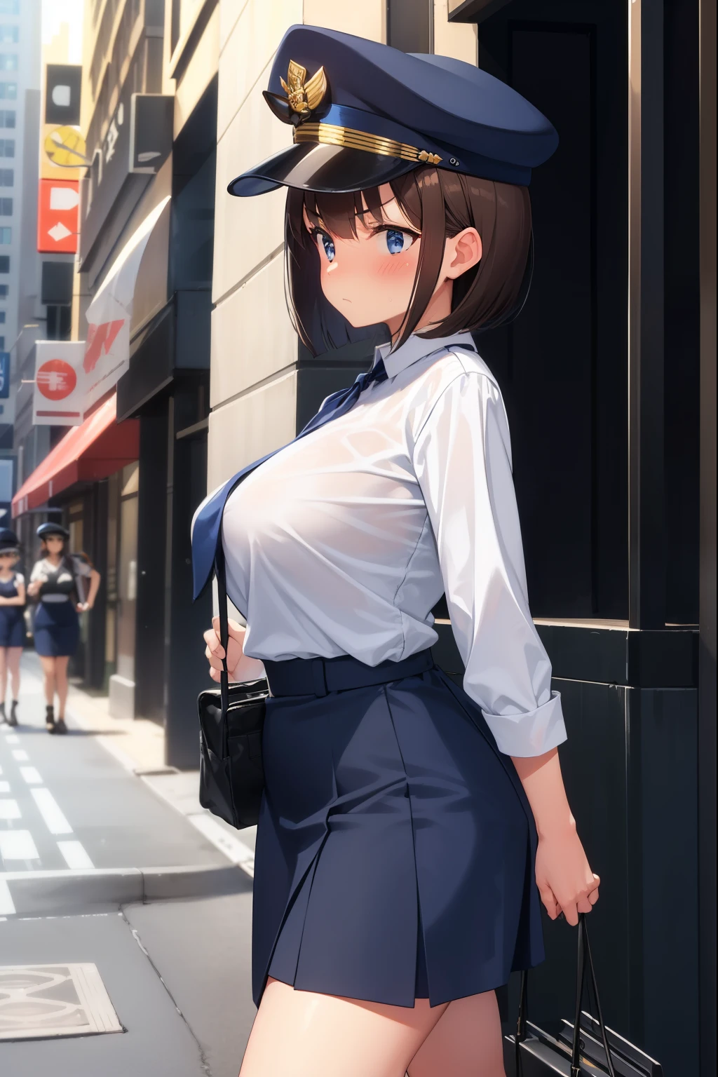 ,1 girl,Navy Blue American Police,navy blue mini skirt,Navy blue police hat,serious face,brown hair,bob hair,New York city,big breasts,blush,Walking with a  boy,diagonal