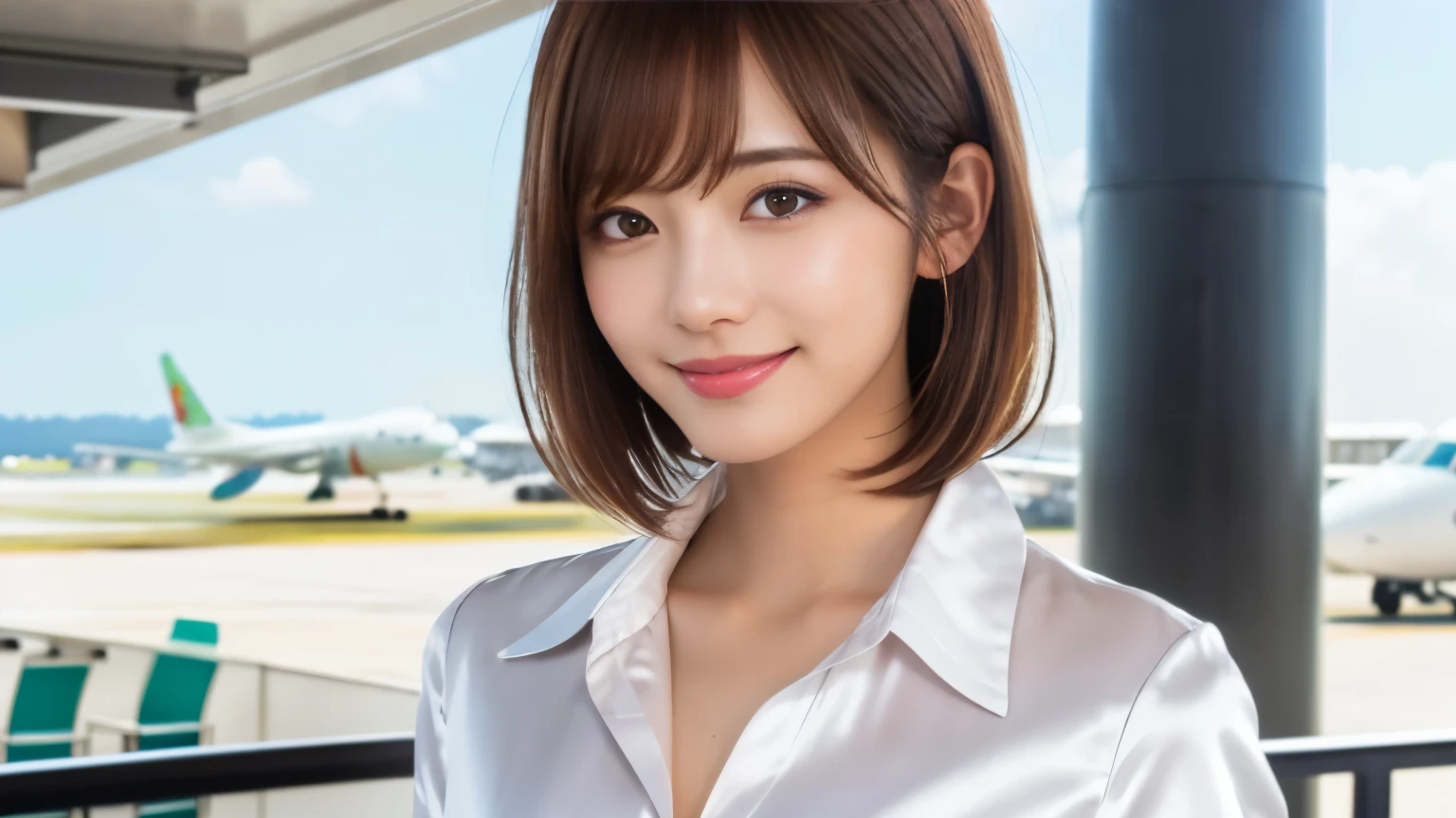 product quality, upper body shot, Stylish cafe terrace at the airport, beauty salon model, young beautiful japanese woman, short bob hair, hyper pretty face, glamorous, I wear a satin silk white shirt with short sleeves and long sleeves with a collar, A big smile on the airport cafe terrace, glossy lips, double eyelids of both eyes, natural makeup, long eyelashes, Shiny and smooth light brown hair, asymmetrical bangs, sunburned skin, center image, High resolution, high detail, detailed hairstyle, detailed face, movie lighting, surreal, perfect body,Before leaving for overseas travel