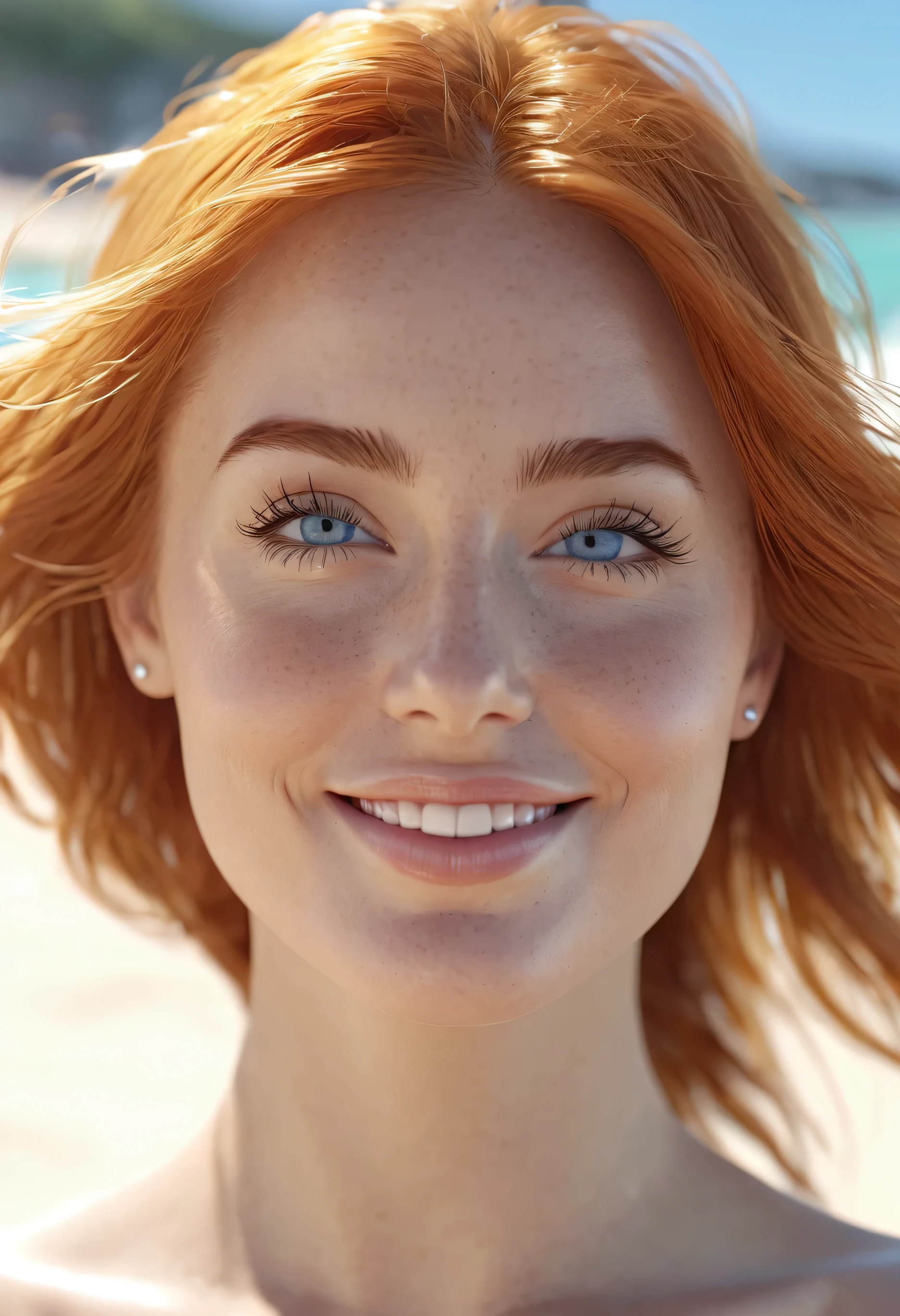 Jolie femelle, Souffle de vent cheveux roux, yeux bleus brillants, Realstic, high detailed, 4K, beach background, High detailed light, Petit sourire, peau blanche, Whole