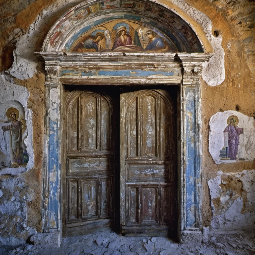 looking through multiple doorways into a very old abandoned Greek church, Greek icons painted on the stone walls, paint chipping away, photography, extremely detailed photo fujifilm provia 400x, massurrealism, luminous shadows, renaissance-inspired chiaroscuro, HDRI