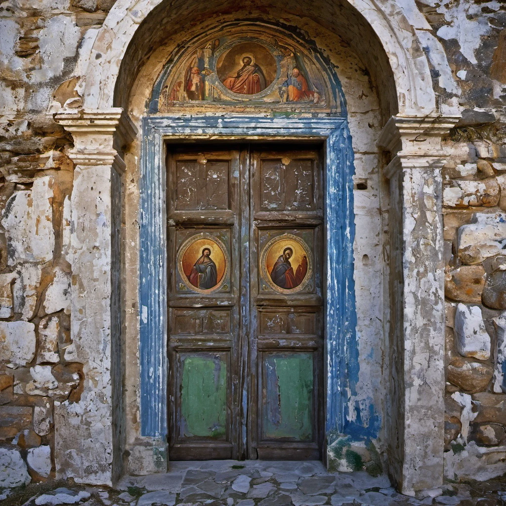 looking through multiple doorways into a very old abandoned Greek church, Greek icons painted on the stone walls, paint chipping away, photography, extremely detailed photo fujifilm provia 400x, massurrealism, luminous shadows, renaissance-inspired chiaroscuro, HDRI