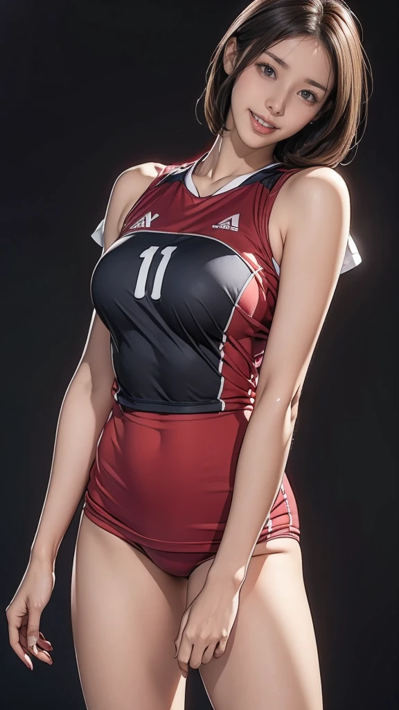 8K, Raw photo, highest quality, masterpiece, realistic, Photoreal, (1 Ultimate beauty), 21 years old, highly detailed face, (perfect teeth), detailed eye, double eyelid, eyelash, grin and laugh, lip details, brunette bob, natural breasts, ((Sexy volleyball uniforms)), soft light, ((Depth of written boundary)) 、Shot from the back、share、stick out your butt、With legs apart、slender body、inverted nipples,