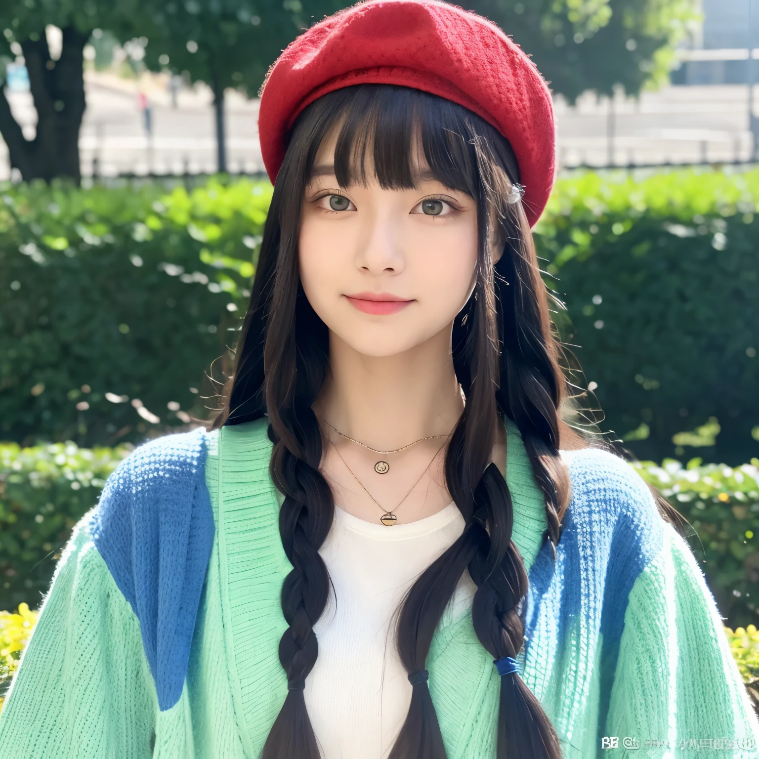 Long white hair like wings、25 years old、neutral、Long braids on both sides、kind face、Blue and red eyes、dark blue clothes、Light light blue cardigan、universe、necklace、green beret、Red mesh in the middle of the bangs