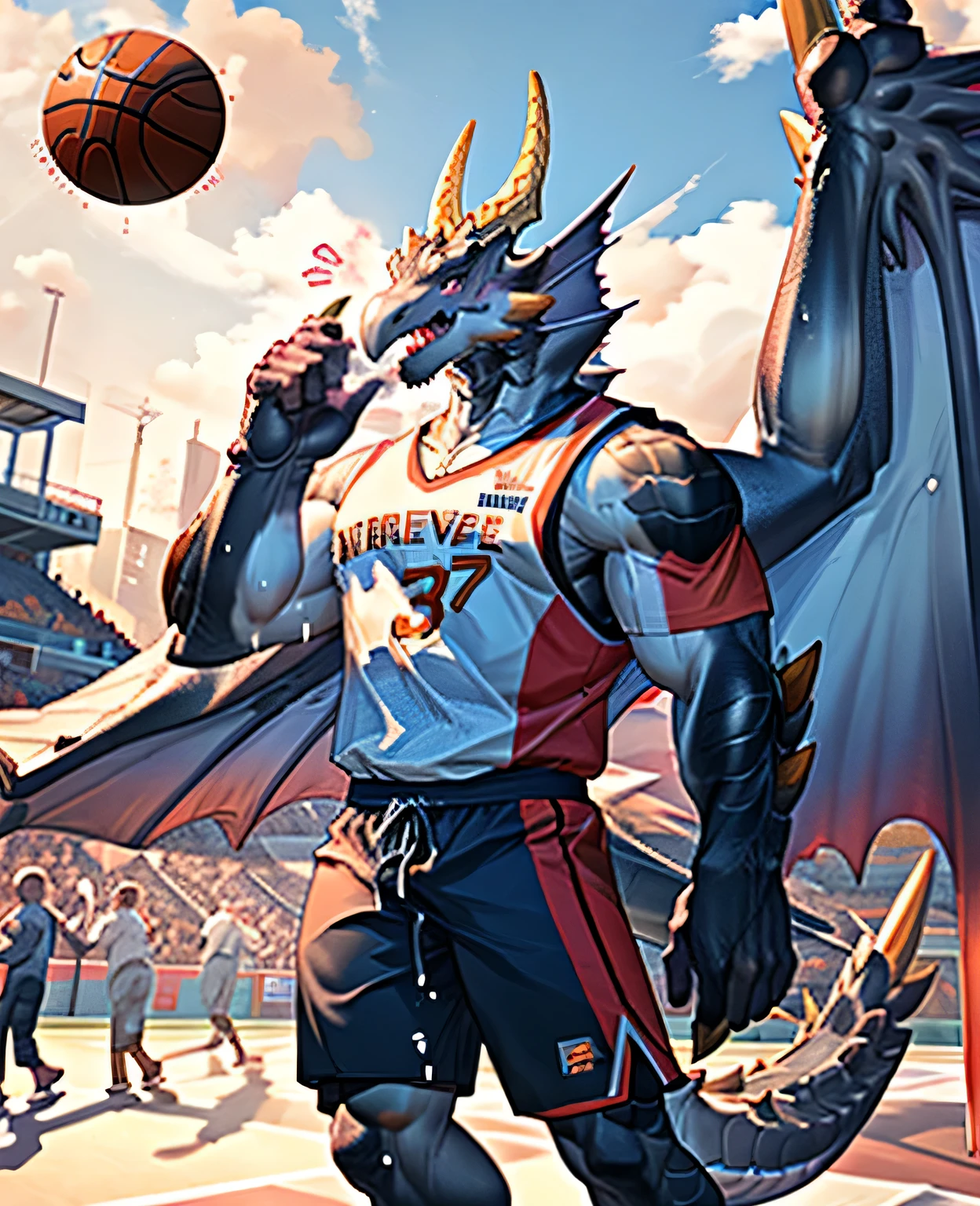 Publaz, (dragon), Two-color, dragon&#39;s eyes, (muscular body:1.3), perfect eyes, Handsome, OK,(white basketball jersey), (on the playground),(Express), sports field background,(close up),(happy eyes:1.2),look at screen,(dragon horn),(Dragon tail),different students,A perfect masterpiece,(16K),white belly,alone,((Strong)),(sports field background),(Sweat),(dick:1.2),Perfect proportion,front,blush,(Wave hello，Watching you:1.5),(Basketball in hand:1.3),(Open your mouth slightly and breathe.:1.2),(close range:1.2),(clothes soaked with Sweat:1,3),Strong,muscle,more details,CG,bi-winged，With wings