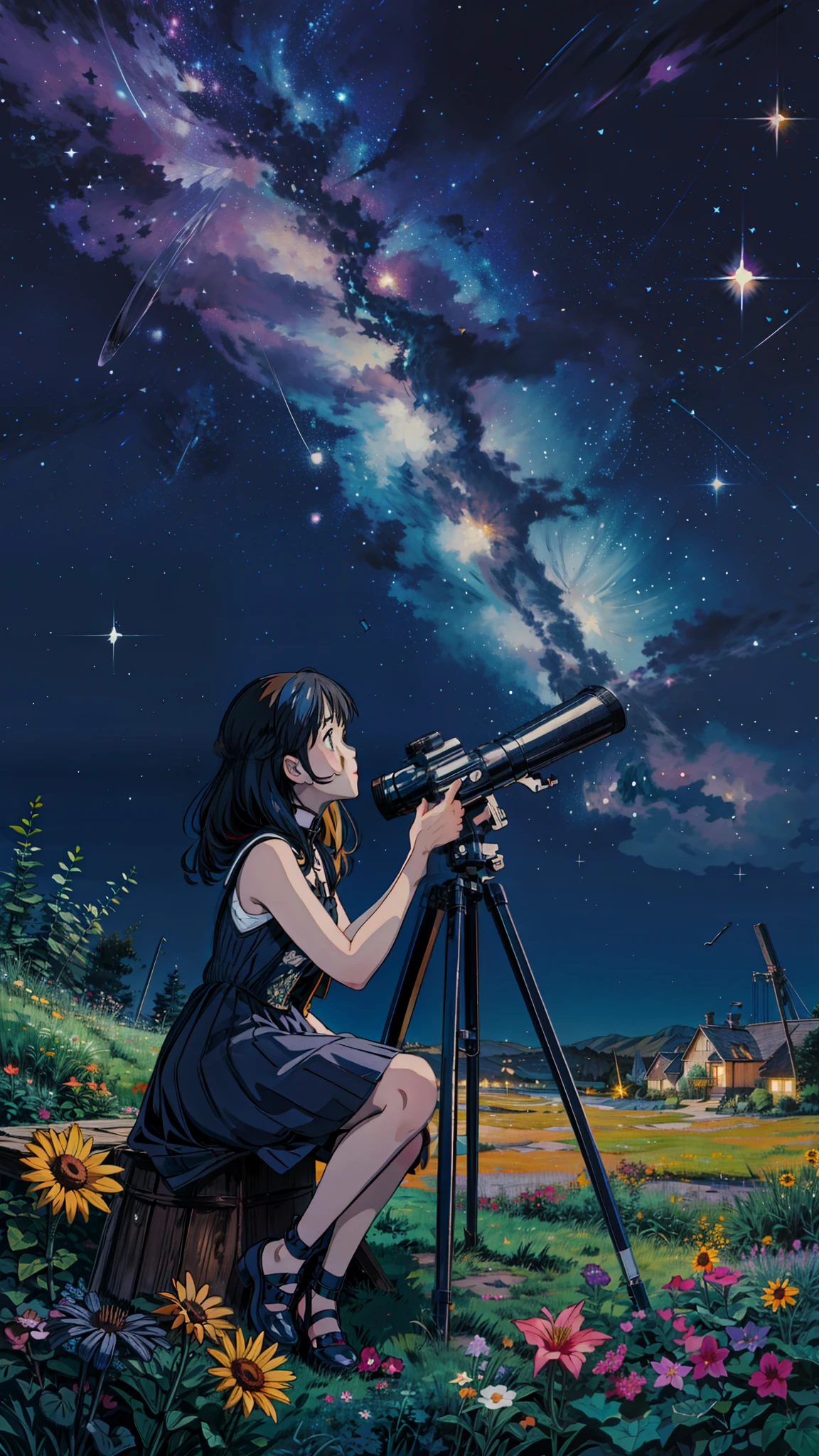 painting of a girl sitting with a telescope under a starr filled sky, cosmic starry sky, colorful, multicolored flowers, starry sky!!, starry sky, many stars in sky, night sky full of stars, dark starry sky, night time with starry sky, black sky full of stars, sky full of stars, the sky is a starry sky, galaxy in the night sky, starry night sky, black sky with stars