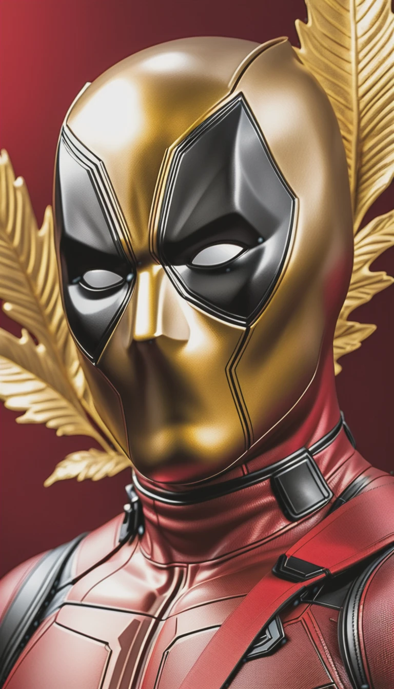 masterpiece, ultra detailed, macro photography, hdr, raytracing, intricate golden leaf shape like deadpool mask, extreme detailed, red background, depth