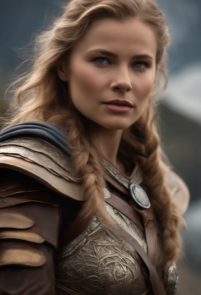 belligerent girl, Valkyrie, bold and beautiful, Short blond hair, Blue eyes, smile, Predator's Gaze, Developing hair, A look over the shoulder, Sparkling steel, Bow and arrows, weapon, heat of battle, battle, Clouds, realistic photo, high quality, masterpiece, detailed study.