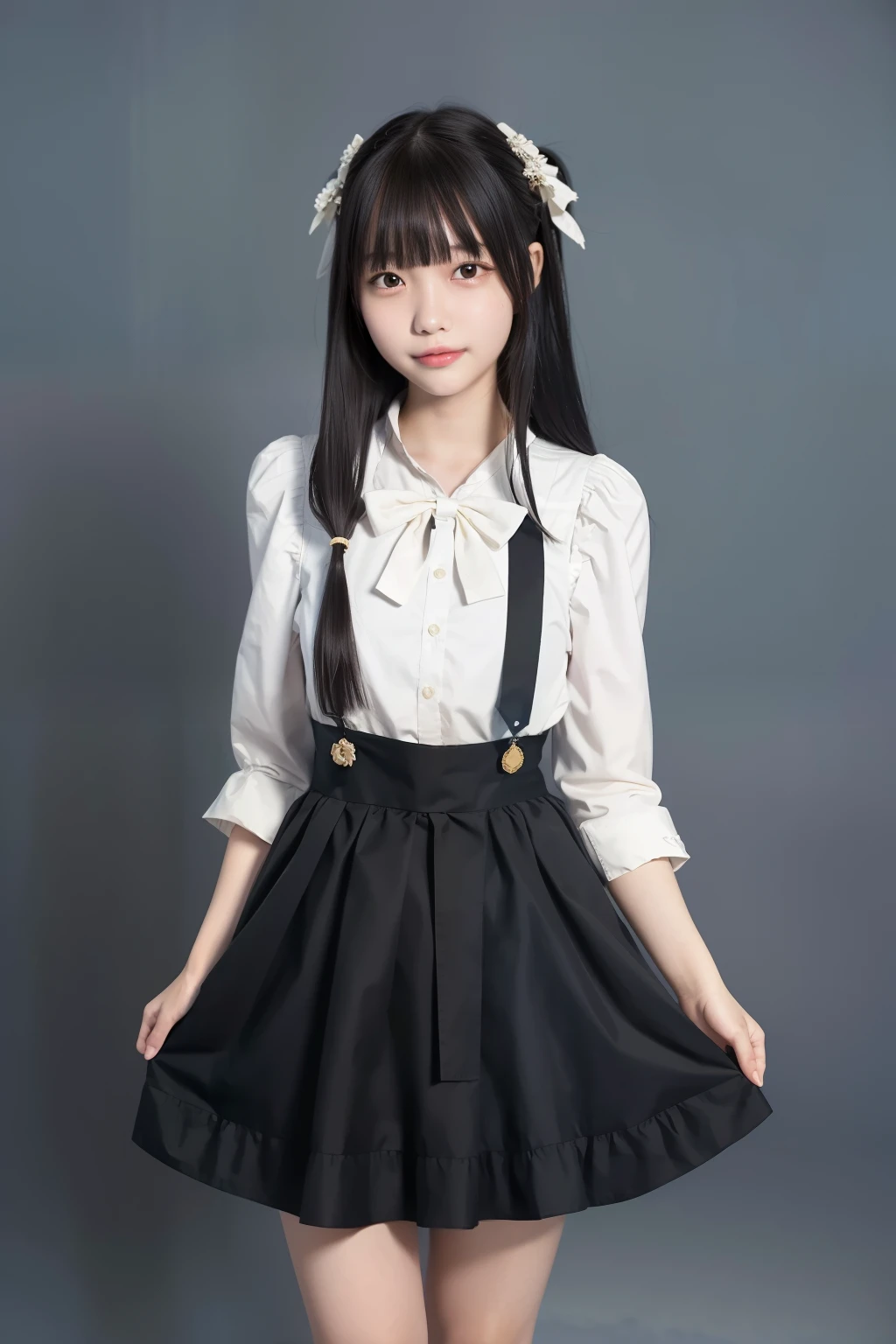 best quality, quality, masterpiece, realistic, 1 girl, ************, 一人in, Are standing, long black hair, straight hair, dull bangs, looking at iniewer, smile, cowboy shot, Old dresses, bow, apron, frills, puffy short sleeines, hair ornaments,in,simple background, 