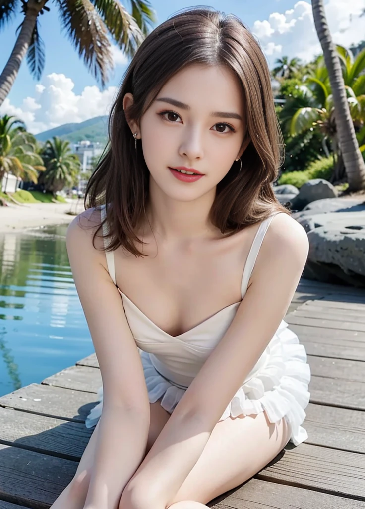 17 year old beautiful girl、Highest image quality、realistic、16K、beautiful woman、long hair、slim、young and beautiful, beautiful cute girl, Half-body photo, Very beautiful and delicate, black hair, gentle smile, delicate and beautiful white skin, real and realistic, Exquisite and perfect facial features, detailed depiction of the face, high nose bridge, smooth hair, highly detailed hair, feminine temperament, with a well-proportioned body, Really, white teeth, tied up with hair, hyper realism, sandals, ultimate image quality, highest precision, Accurate and perfect human anatomy, blue sky and white clouds, Light of the sun, (tutu dress)（telephoto shooting）express the scenery, under the coconut tree, highlight portrait。sitting on the beach by the sea, wearing earrings, landscape photo,