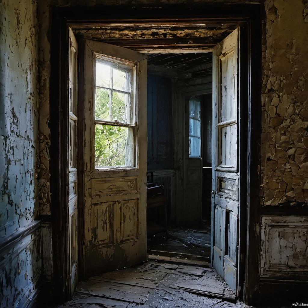 looking through multiple doorways into a very old abandoned house,  paint chipping away, photography, extremely detailed photo  fujifilm provia 400x, massurrealism, luminous shadows, renaissance-inspired chiaroscuro, HDRI