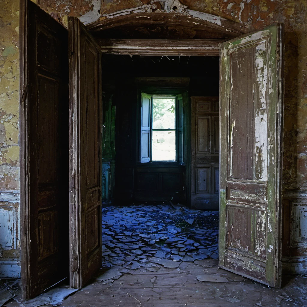 looking through multiple doorways into a very old abandoned house, paint chipping away, photography, extremely detailed photo fujifilm provia 400x, massurrealism, luminous shadows, renaissance-inspired chiaroscuro, HDRI
