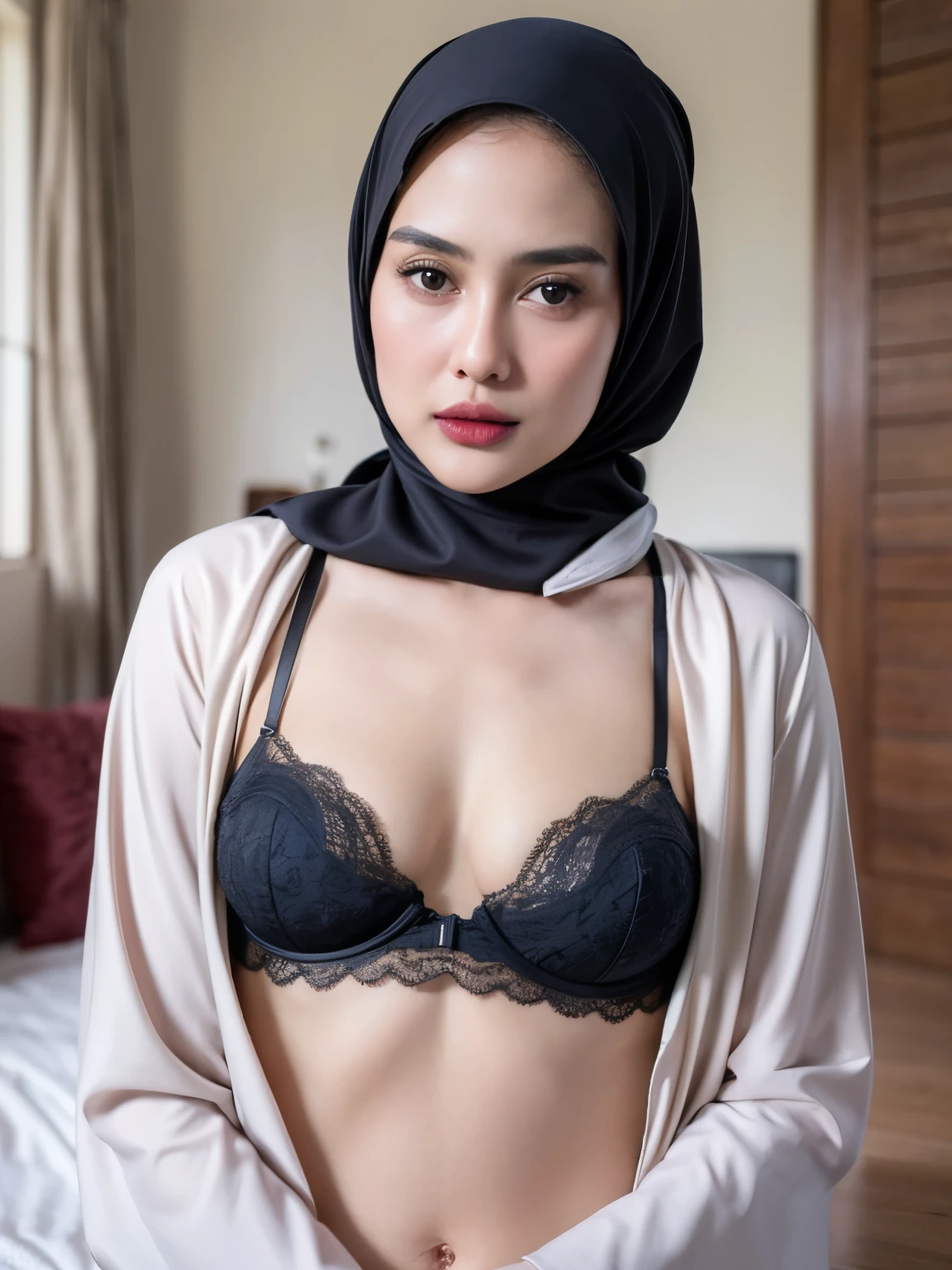 Coats, ((HIJAB)), (Wearing Bra Lingerie), (((HIJAB MALAY GIRL))), masutepiece, High quality, UHD 32K, Realistic face, Realistic skin feeling , A Malay Lady, 8 years old, , Very cute and baby-like face, (((FLAT CHEST))), (MATRIX WORLD), ((look In front  at the camera and SADNESS)), ((())), (((CUTE GIRL))), ((BROWN LIPS)), ((BROWN)), (undress). WEAR BRA LINGERIE,