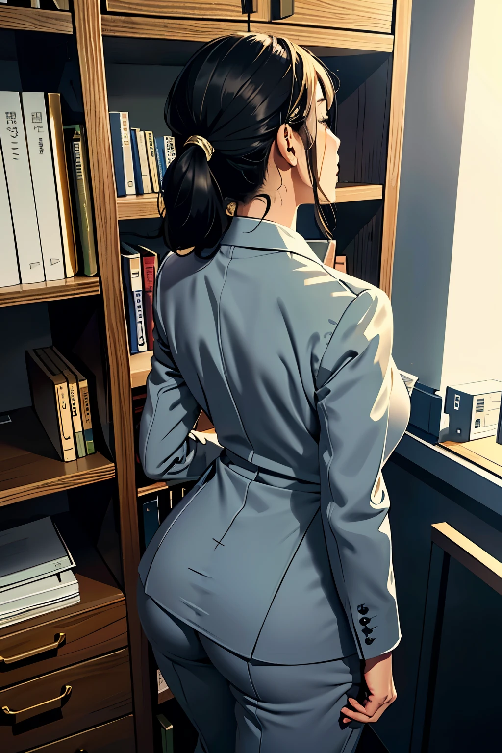 ((highest quality)), ((masterpiece)), (be familiar with), (High definition), (real), 8K, best shadow, side lighting, cinematic、low contrast、(Complex:1.4)、Office lady climbing up a stepladder、milf, Grey color pantsuit、Holding a file box in hand、(Calf close-up:1.2)、(back view)、hidden camera photos、View from below looking up at the rear、(Cabinet bookshelf in a bright office)