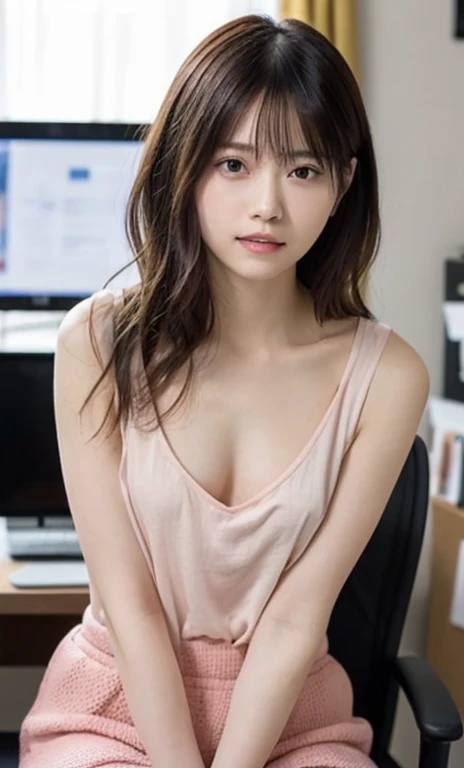 masterpiece、highest quality、16K、RAW photo、Super detailed、ultra high resolution、UHD,Depth of the bounds written、very detailed、late night office、dim、The lighting was like a movie、professional lighting、Pale shading、Weak contrast、Japanese、beautiful girl、Smooth, silky skin、clear white skin、sitting in front of the computer、(Tight sleeveless blouse that clings to the breasts、See-through)、(tight knit skirt、micro mooth and beautiful thighs:1.6)、(small breast:1.0)、flat chest、Childlike breasts、small areola、small nipples、beautiful nipples、Cherry-colored nipples、white breast、fine and beautiful eyes、(hanging eyes)、long eyelashes、Clear double eyelids、tear bag、(thin eyebrows:1.0)、(thin lips:1.0)、natural makeup、natural color lip、A smile that makes people happy、(floating hair、long wavy hair、high ponytail),(前髪はSee-throughバングです)、Black mesh office chair、Photo from head to thighs、pink clothes