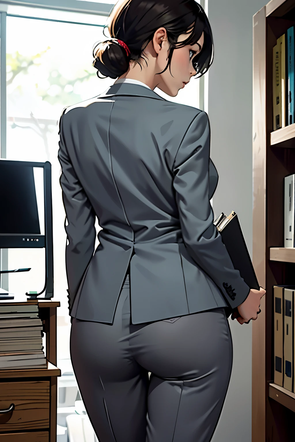 ((highest quality)), ((masterpiece)), (be familiar with), (High definition), (real), 8K, best shadow, side lighting, cinematic、low contrast、(Complex:1.4)、Office lady climbing up a stepladder、milf, Grey color pantsuit、Holding a file box in hand、(Calf close-up:1.2)、(back view)、hidden camera photos、View from below looking up at the rear、(Cabinet bookshelf in a bright office)