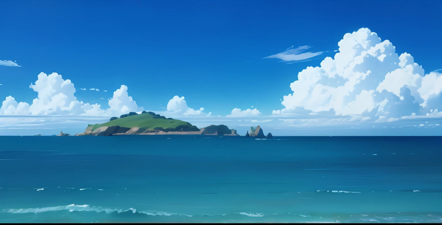 ocean, sea, blue sky, clouds, anime, background