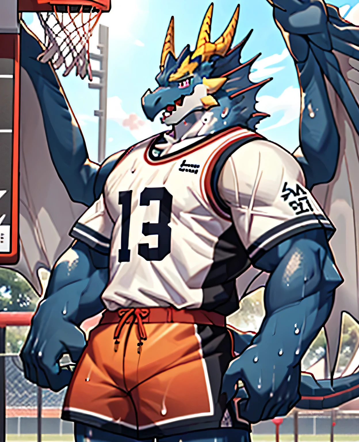 Publaz, (dragon), Two-color, dragon&#39;s eyes, (muscular body:1.3), perfect eyes, Handsome, OK,(white basketball jersey), (on the playground),(Express), sports field background,(close up),(happy eyes:1.2),look at screen,(dragon horn),(Dragon tail),different students,A perfect masterpiece,(16K),white belly,alone,((Strong)),(sports field background),(Sweat),(dick:1.2),Perfect proportion,front,blush,(Wave hello，Watching you:1.5),(Basketball in hand:1.3),(Open your mouth slightly and breathe.:1.2),(close range:1.2),(clothes soaked with Sweat:1,3),Strong,muscle,more details,CG,bi-winged，With wings