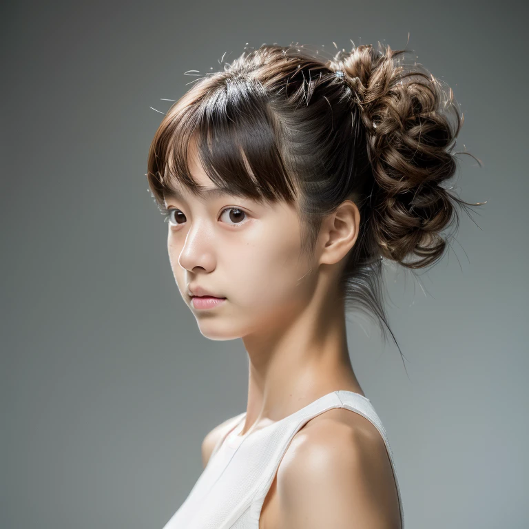 ((software: 1.4)), ((software, bun hair, side lock hair, 1 girl)),whole body, ultra high resolution, (realistic: 1.4), Raw photo, highest quality, (Photorealistic Stick), concentrated, soft light, ((15 years old)), ((Japanese)), (( (young face))), (surface), (Depth of the bounds written), masterpiece, (realistic), woman, bangs, ((1 girl))