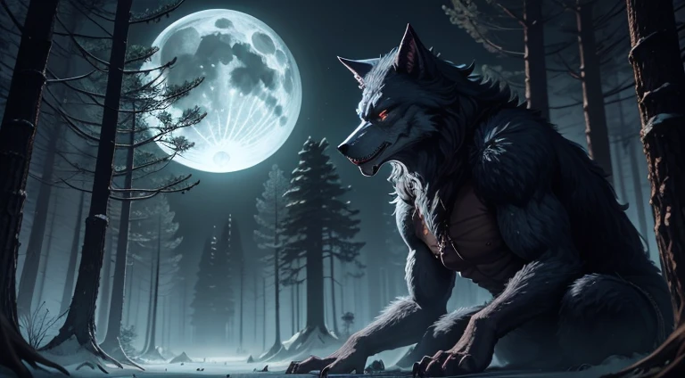 creepy werewolf, night, forest, fantasy, wide  
