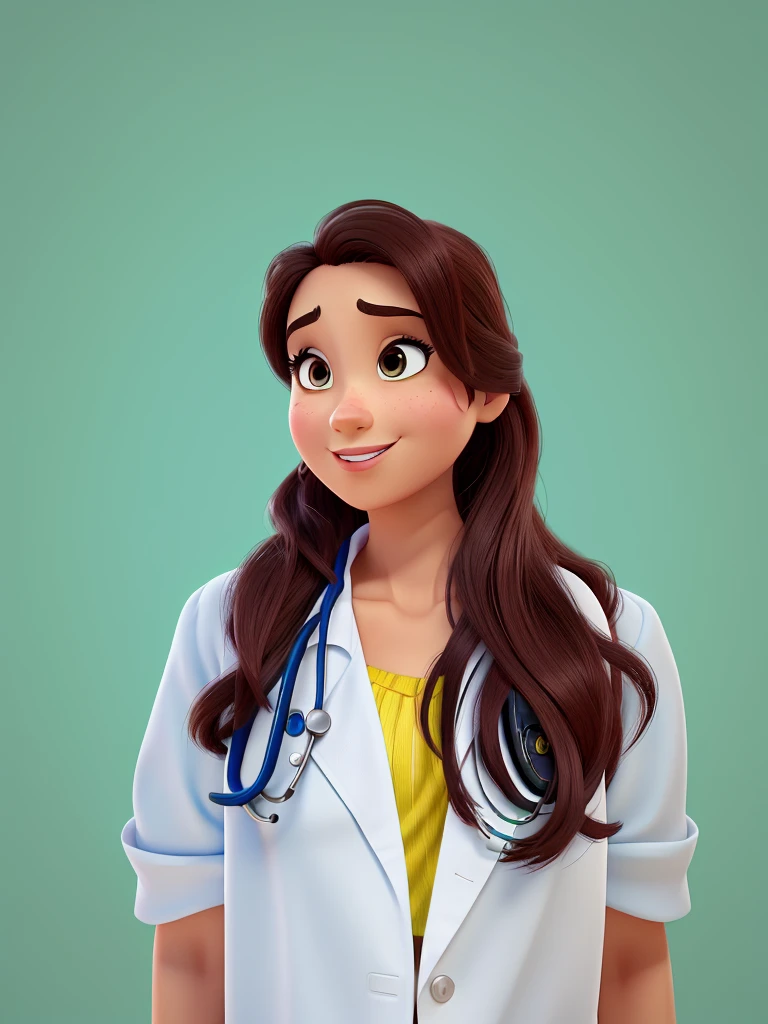 woman, (a doctor, with stethoscope, Disney Pixar Style, face like the picture, hair like the picture, Best quality, high quality), big brown eyes and detailed face, distinctive features, professional attire, colorful background, vibrant colors, soft lighting, expressive facial expression, confident pose, studio lighting, ultra-detailed, physically based rendering, realistic coloring, sharp focus, pop art inspired, character, playful atmosphere, attention to detail, animated composition, Masterpiece quality, lines and crisp shapes, polished finishes, rich textures, Disney magic.