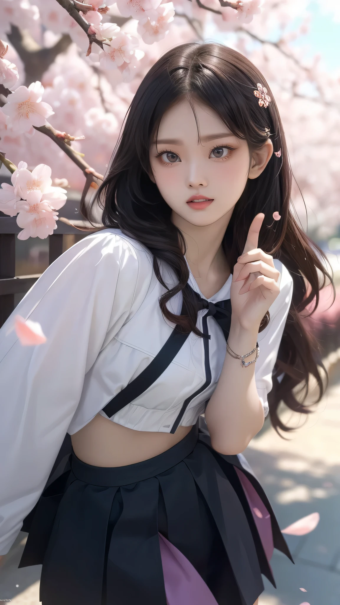 A park where cherry blossoms dance,high school girl,(random pose:1.2),(random hairstyle),(Highest image quality,(8K), Ultra-realistic, Best Quality, High quality, High Definition, high quality texture, high detailing, Beautiful detailed, fine detailed, extremely details CG, Detailed texture, realistic representation of face, masterpiece, presence)