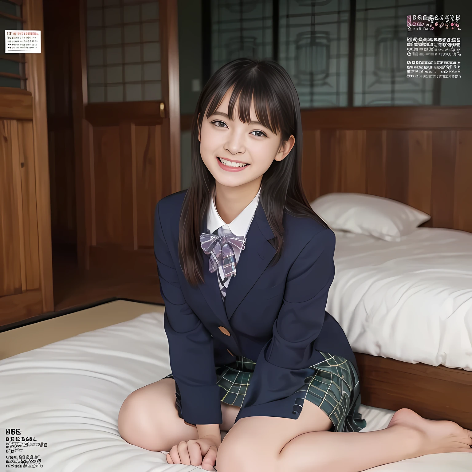 (highest quality、masterpiece:1.2)、highest quality、realistic、photograph、High resolution、1080p、8K、The face is especially pale., physical rendering、((Height: 155cm)), one Japanese girl、((A siren in the form of a 15-year-old Japanese junior high school student is sitting.)), (((((Super beautiful fashion model in Japanese magazine))))), , (((big very detailed beautiful dark brown eyes))), ((blue girly large wine-red glossy polyester Japanese school ribbon bow tie)), (((black very beautiful and very very long straight hair))), ((((deep blue colored tartan checkered formal long pleated pleated skirt)))), ((A unpatterned formal dark blue blazer in solid that is slightly oversized and has an emblem on the left chest.)), (((((((laughing at me!))))))), mouth is open, The large blazer and skirt are very cute., detailed fingers, Slender body, ((curled bangs)), so beautiful, ((Very big and very very very cute eyes of a Japanese girl)), ((large pupils)), double eyelids, The entire skirt is photographed, thin eyebrows, ((drooping eyes)), (((very long eyelashes))), ((cute lovely lovely laughing laughing cheeks)), ((Pure white light hits her face from above and in the front, making her skin and eyes shine beautifully.)), ((Strong light hits the nose and cheeks、It brings out the richness of the expression.)), (((((Her face is expressive, pure and very intelligent.))))), (((looking at the viewer))), (((((At a very gorgeous underground holy sacred room with a very gorgeous and very divine bed)))))