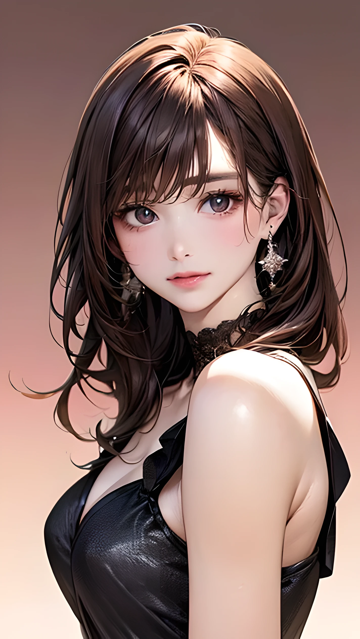 (A photo of the upper body), Beatiful face, Very detailed face and skin texture, (Detailed eyes), Brown eyes, Double eyelids, Thin eyebrows, Glitter eyeliner: 1.2, Natural cheeks, Shiny skin, Light skin, ((winter clothes)), Shiny necklace and earrings, (Shiny lips: 1. 4), (Seductive smile), (20 years old), (Wavy hair, Brown hair, Diagonal bangs), Medium long hair, ((Upper body shot)), ((Focus on chest and face)), Medium large breasts, Upturned Breasts.