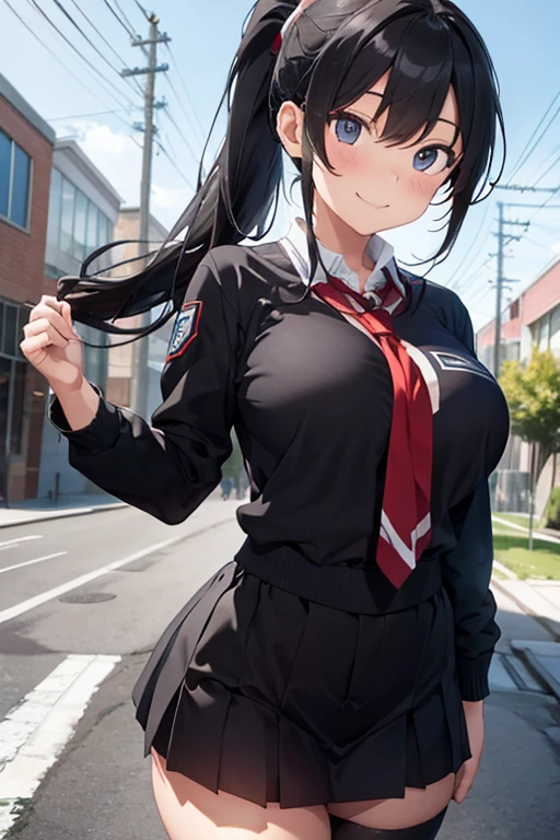 Ponytail Black,high school student,big breasts,woman,cool,Eyes,10 equipment,smile,uniform