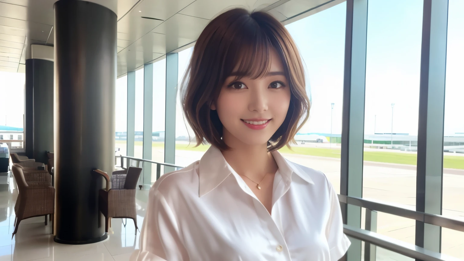 product quality, upper body shot, Stylish cafe terrace at the airport, beauty salon model, young beautiful japanese woman, short bob hair, hyper pretty face, glamorous, I wear a satin silk white shirt with short sleeves and long sleeves with a collar, A big smile on the airport cafe terrace, glossy lips, double eyelids of both eyes, natural makeup, long eyelashes, Shiny and smooth light brown hair, asymmetrical bangs, sunburned skin, center image, High resolution, high detail, detailed hairstyle, detailed face, movie lighting, surreal, perfect body,Before leaving for overseas travel,Departure Lobby