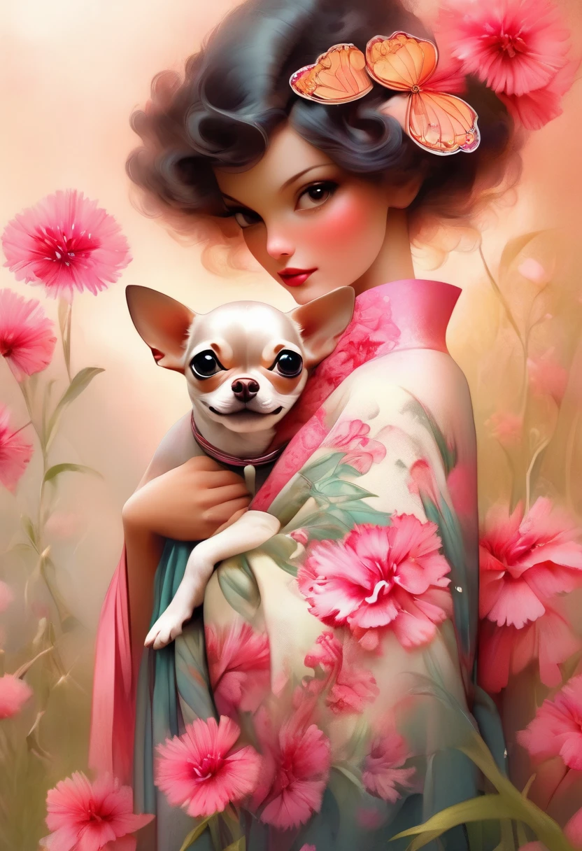 A beautiful woman in a kimono decorated with dianthus flowers stands like a beautiful model。、holding a small chihuahua in his arms,,whole body,Butterflies dance,Dianthus flowers with a valley in the background, background number 28,beautiful digital illustrations, Beautiful artwork illustration, amazing digital illustrations, beautiful digital artwork, Works that influenced Anna Dittmann, amazing digital art, exquisite digital illustration, In the style of Anna Dittmann, beautiful digital art, beautiful amazing digital art, very beautiful digital art, beautiful fantasy art