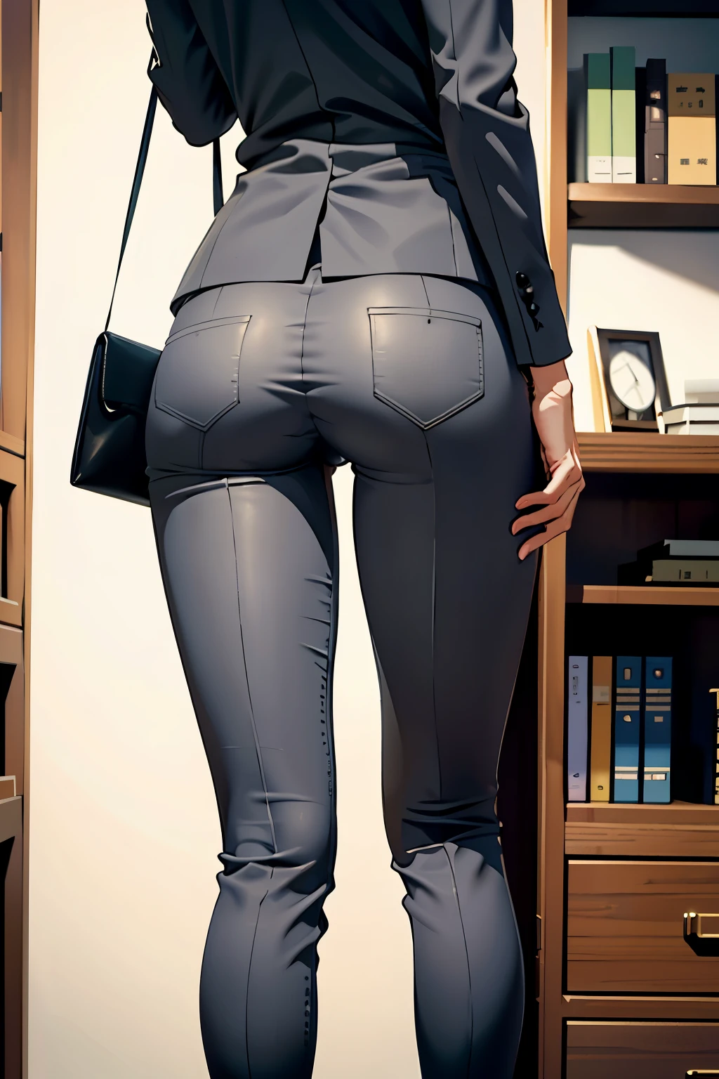 ((highest quality)), ((masterpiece)), (be familiar with), (High definition), (real), 8K, best shadow, side lighting, cinematic、low contrast、(Complex:1.4)、Office lady climbing up a stepladder、milf, Grey color pantsuit、Holding a file box in hand、(Calf close-up:1.2)、(back view)、hidden camera photos、View from below looking up at the rear、(Cabinet bookshelf in a bright office)