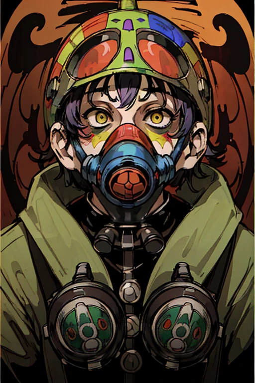 highest quality, High resolution,A man wearing a full-face clown-like gas mask、clown、uniform、（wearing a full-head gas mask）,Psychedelic colors 

