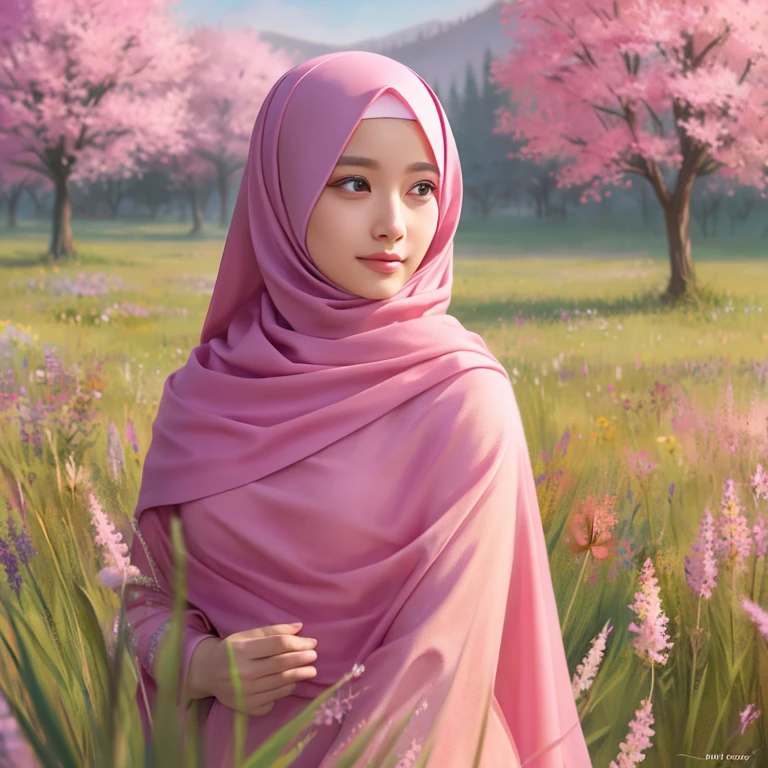 arafed woman in pink hijab in butterfly field, beautiful digital painting, beautiful art uhd 4k, beautiful digital artwork, beautiful digital illustration, very beautiful portrait, beautiful detailed portrait, beautiful digital art, very digital art beautiful, stunning digital painting, detailed beauty portrait, beautiful digital painting, 4k detailed painting, beautiful beautiful digital art, UHD, realistic, faint smile.

