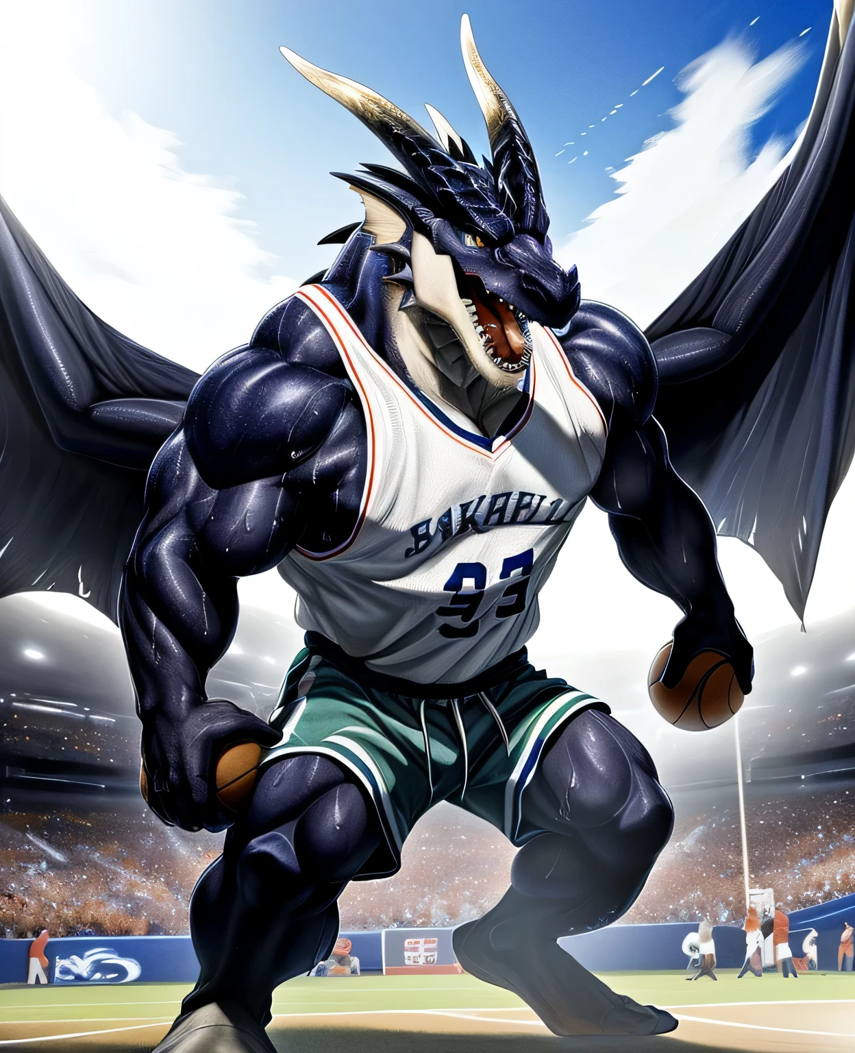 Publaz, (dragon), Two-color, dragon&#39;s eyes, (muscular body:1.3), perfect eyes, Handsome, OK,(white basketball jersey), (on the playground),(Express), sports field background,(close up),(happy eyes:1.2),look at screen,(dragon horn),(Dragon tail),different students,A perfect masterpiece,(16K),white belly,alone,((Strong)),(sports field background),(Sweat),Perfect proportion,front,blush,(Wave hello，Watching you:1.5),(Basketball in hand:1.3),(Open your mouth slightly and breathe.:1.2),(close range:1.2),(clothes soaked with Sweat:1,3),Strong,muscle,more details,CG,bi-winged，With wings，HD，detailed，clear