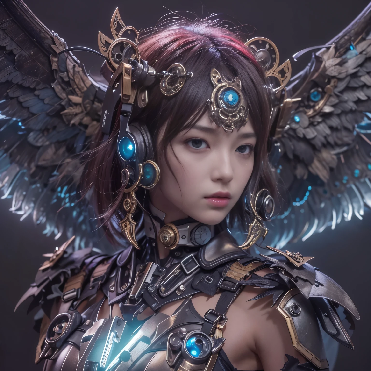 (top-quality:1.2, masterpiece)、ultra high resolution、extremely ultra surrealism, (Photorealsitic:1.4)、Raw photo、(Steampunk Battle Cyborg fallen angel)、large wings made of metal、black porcelain body、red hair、glowy skin、1 Cyborg girl、(mechanical frame:1.3)japanese, extremely cute face, ((super realistic details))、portrait、globalillumination、Shadow、octan render、8K、ultrasharp、character edge light、Details of complex ornaments、Acrylic Clear Cover、Sumerian details、Hydraulic cylinder、Small LED lamp、highly intricate detail、Realistic light、a purple eye、radiant eyes、Facing the camera、neon details、cowboy shot、Futuristic headgear、About Cyberpunk