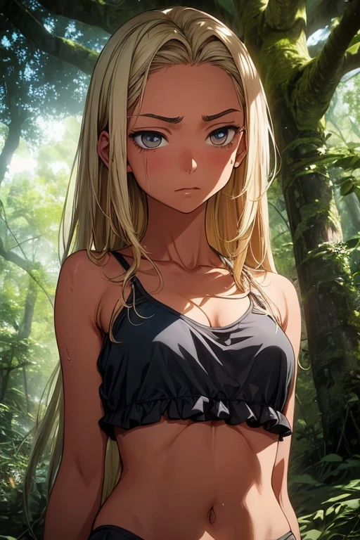 A tanned-skinned anime girl lies despondently on the ground, her hand cradling her abdomen in agony. Her slender frame is clad in a bikini top and a long skirt, the fabric revealing the faint outlines of her ribs. Long sun-kissed locks cascade around her face, concealing it from view. Her despairing expression, etched with lines of hunger and suffering, speaks of a life devoid of sustenance. The sunlight filters through the foliage above, bathing her emaciated figure in a warm, golden glow that accentuates the definition of her bones. The bikini top clings to her body, leaving little to the imagination, she lying down on the forest floor with her eyes closed in immense pain and suffering from hunger.