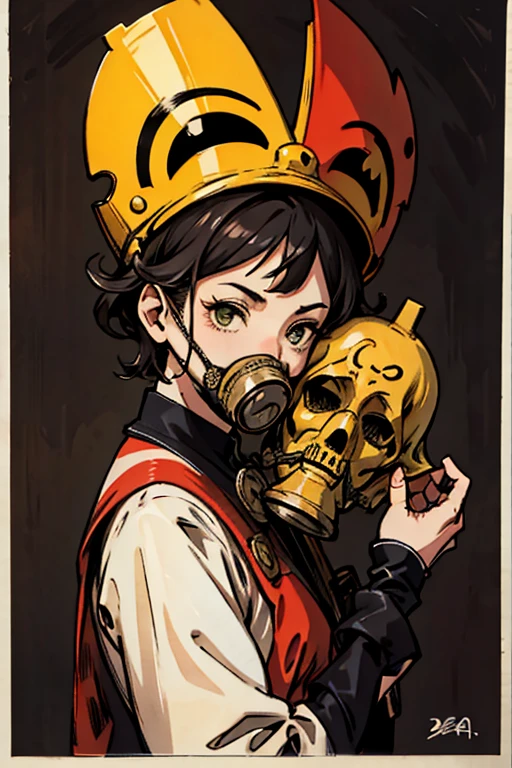 highest quality, High resolution,A man wearing a full-face clown-like gas mask、clown、uniform、(wearing a full-head gas mask),Psychedelic colors 、Helmet