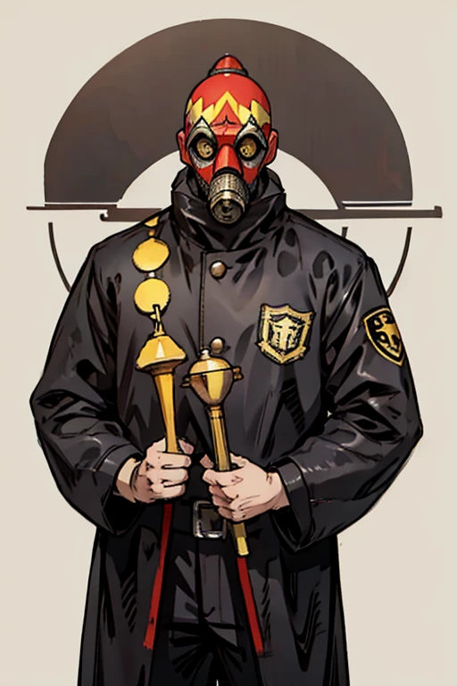 highest quality, High resolution,A man wearing a full-face clown-like gas mask、clown、uniform、(wearing a full-head gas mask),Psychedelic colors 、Helmet