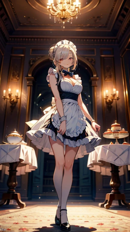 (best quality, masterpiece), (ultra high resolution, 8K RAW photo, photo realistics:1.5, cinematic lighting, textile shading, thin outline, clear focus:1.2), Beautuful Matured woman preparing tea_party in the garden, standing by the round table, (meisen's tea set, tea pot, tea cups, some cakes on dish), delicate and classy Roman style white table with gold accents and royal_blue, wearing light_brown maid uniform, breast cleavage, maid costume:1.2, long flare skirts, apron, bow ties on the chest, long tall sally, long legs, white hair, (wearing thin-flame glasses:1.2), (milf:1.5, 28 years old, solo), (large breast, sagging breast, big tits, narrow waist), (medium short white hair, hair over one eye, (updo hair:1.2), side lock, asymmetric hair, wavy hair), (bright pupils, fine detailed eyes with highlight, high detailed face, Perfect face shape, eye rush), (seductitve smiling, half-closing eyes:1.2), (looking at viewers:1.3), (dutch angle, full body, from below:1.2), ((correct anatomy:1.5, correct hands)), (ideal ratio of body proportions), (outdoor:1.2, grass field),