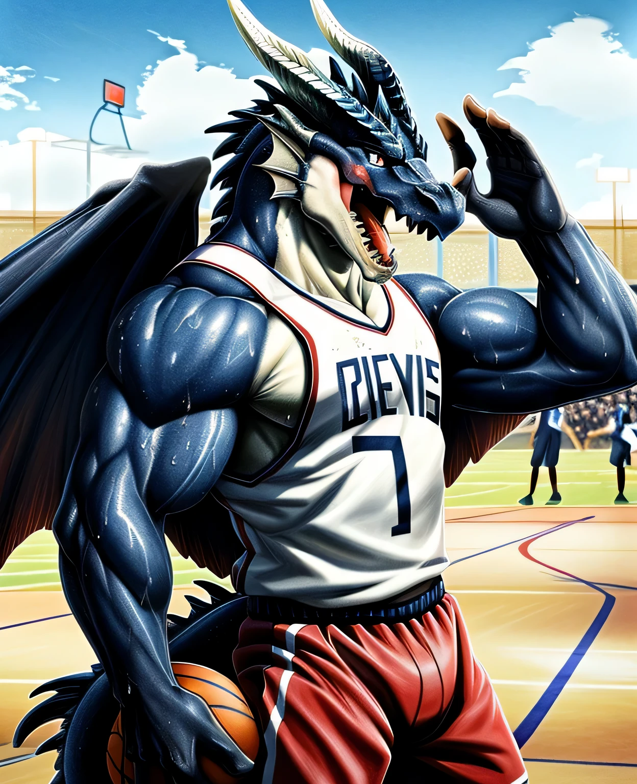 Publaz, (dragon), Two-color, dragon&#39;s eyes, (muscular body:1.3), perfect eyes, Handsome, OK,(white basketball jersey), (on the playground),(Express), sports field background,(close up),(happy eyes:1.2),look at screen,(dragon horn),(Dragon tail),different students,A perfect masterpiece,(16K),white belly,alone,((Strong)),(sports field background),(Sweat),Perfect proportion,front,blush,(Wave hello，Watching you:1.5),(Basketball in hand:1.3),(Open your mouth slightly and breathe.:1.2),(close range:1.2),(clothes soaked with Sweat:1,3),Strong,muscle,more details,CG,bi-winged，With wings，HD，detailed，clear