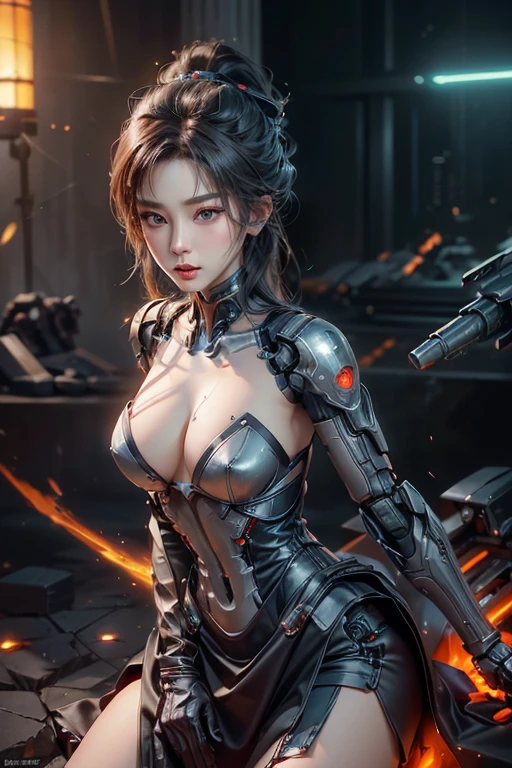 textured skin, Superb details, Highly detailed, High quality, best quality, high resolution, 1080P, hard disk, beautiful,(Cyborg),(Missiles from the chest),(ปืนกลจากผู้หญิงCyborgฝีมือดีทั้งคู่,เมชาCyborgเกิร์ล,Battle mode,A girl whose body is like a machine,She wears a battle robot outfit complete with weapons.,full body shock